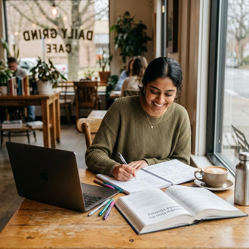 Student studying happily using modern AI study tools and gamified learning methods