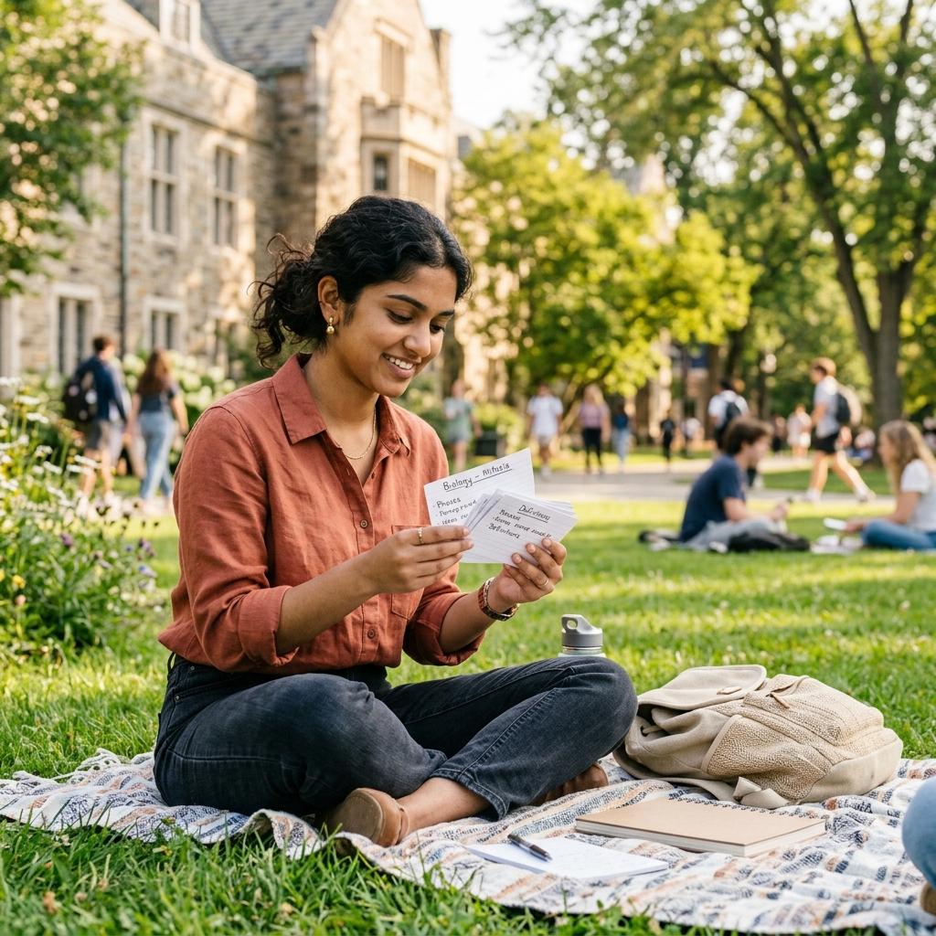 Student reviewing flashcards outdoors using active recall and spaced repetition concepts