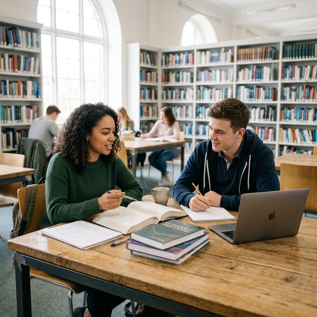 Students collaborating in a library discussing course material and utilizing gamified study methods