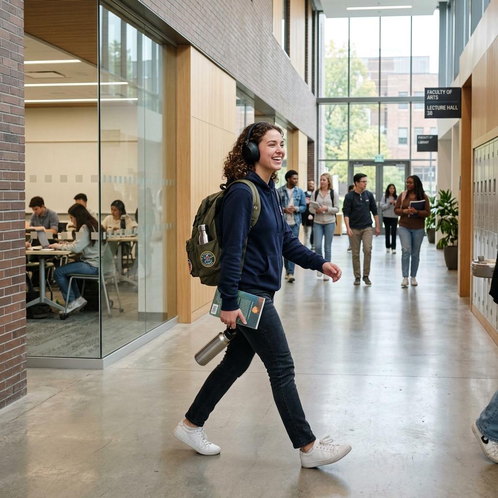 Student walking on campus listening to study material, illustrating modern education habits