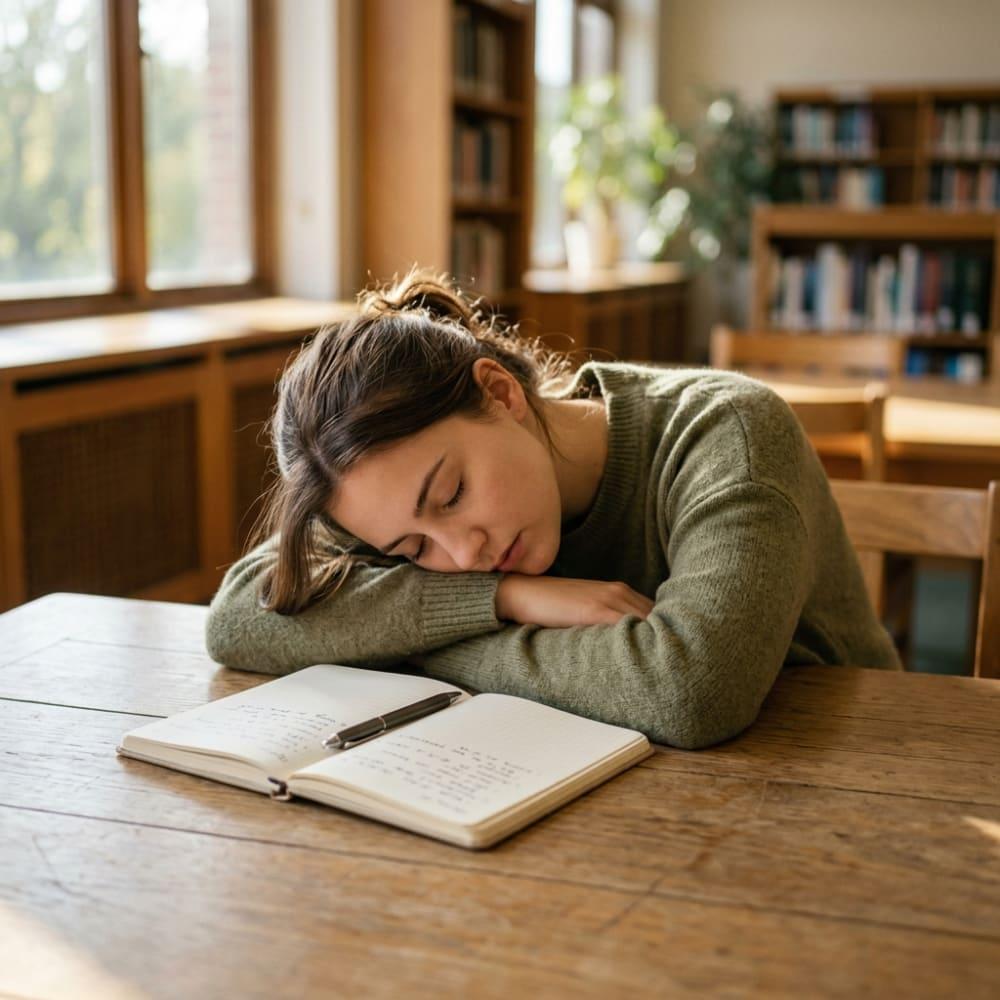Student resting their head on a clean wooden desk during a study break