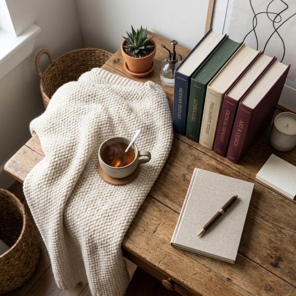 A cozy study environment with books and a soft blanket