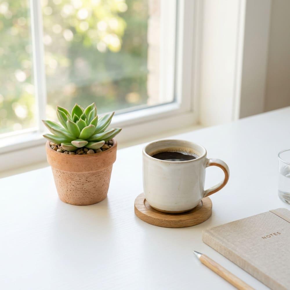 A fresh succulent and coffee mug on a minimalist desk