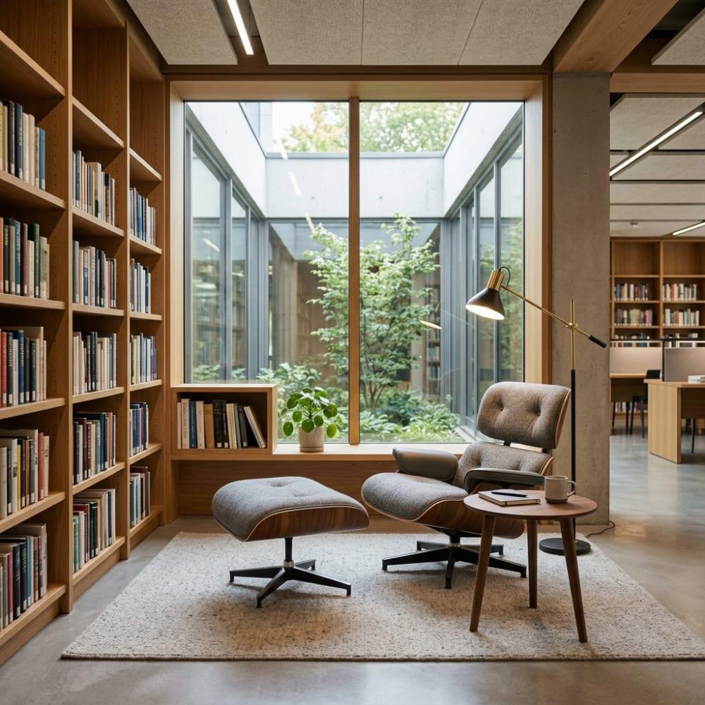A quiet, modern library setting for a productive break