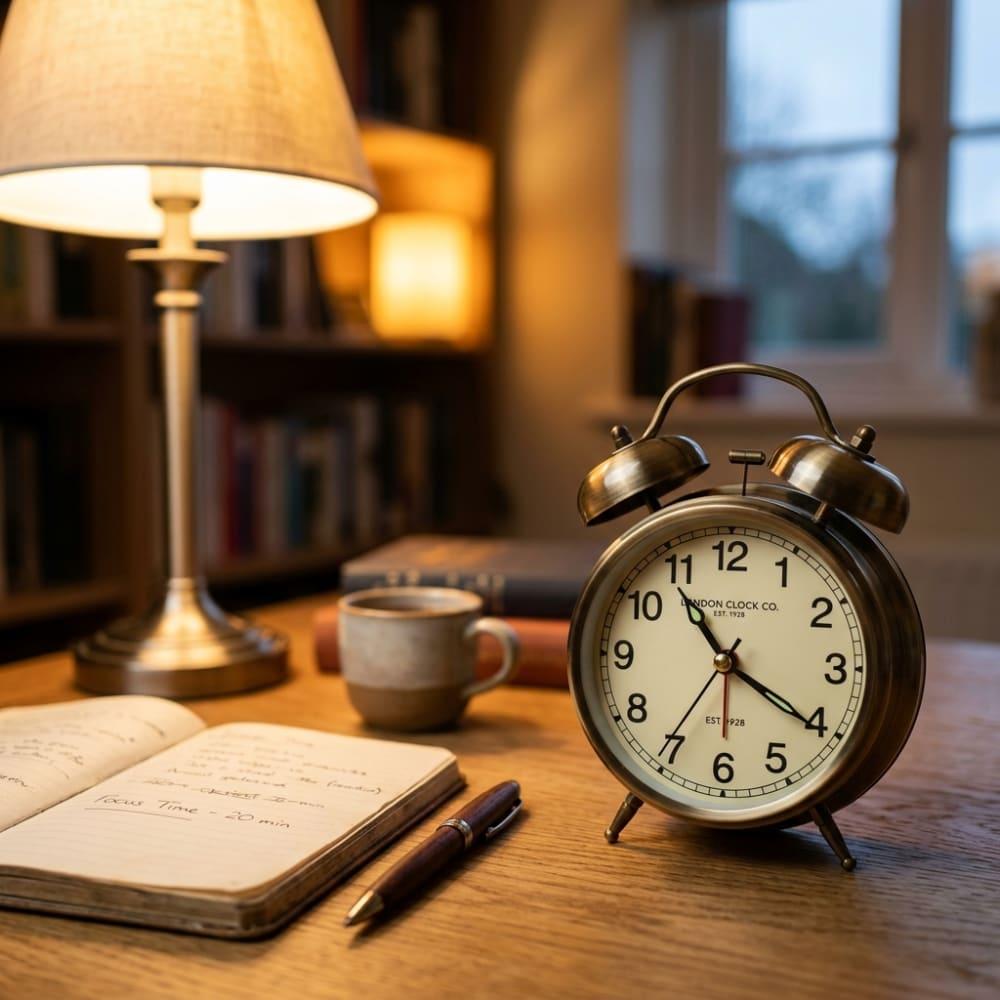 An analog alarm clock set for a 20-minute power nap