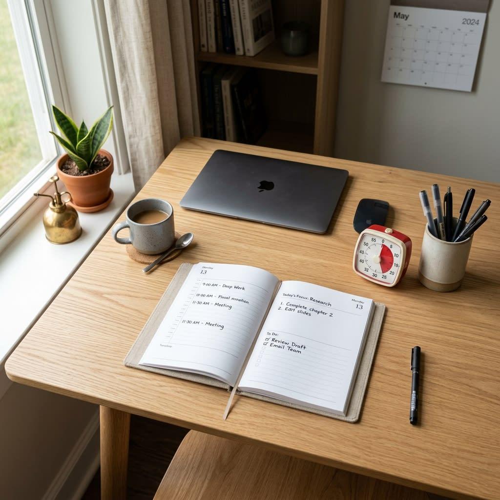 Organized study workspace with a Pomodoro timer