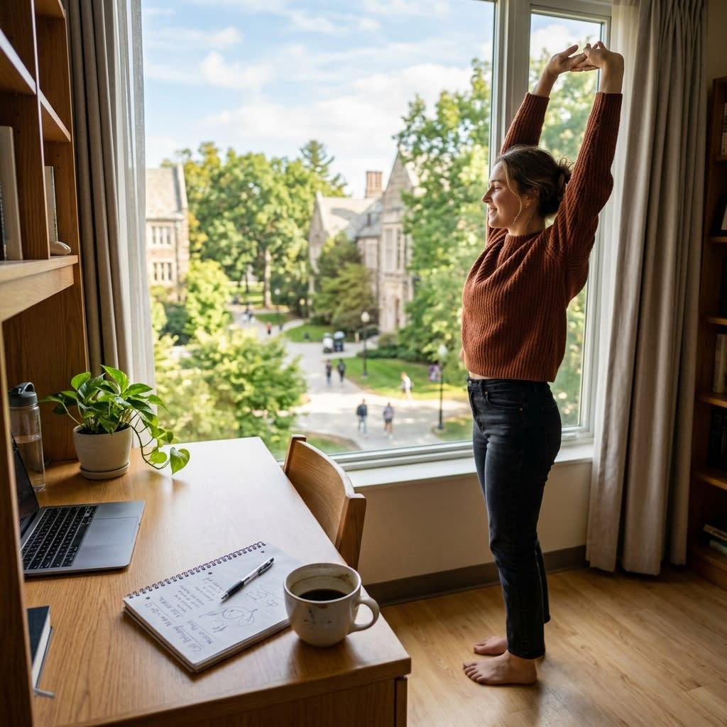 Student taking a mindful break during study
