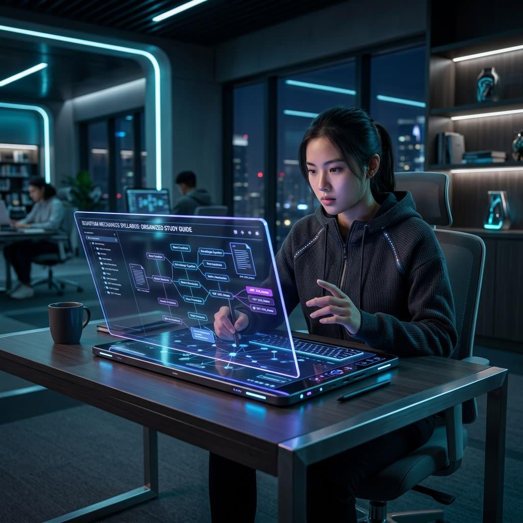 Futuristic student using AI to organize study materials