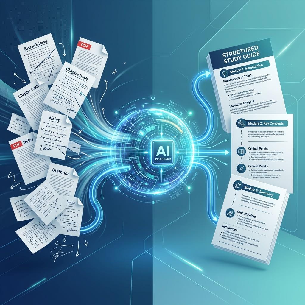 Visual representation of AI processing raw notes into a study guide