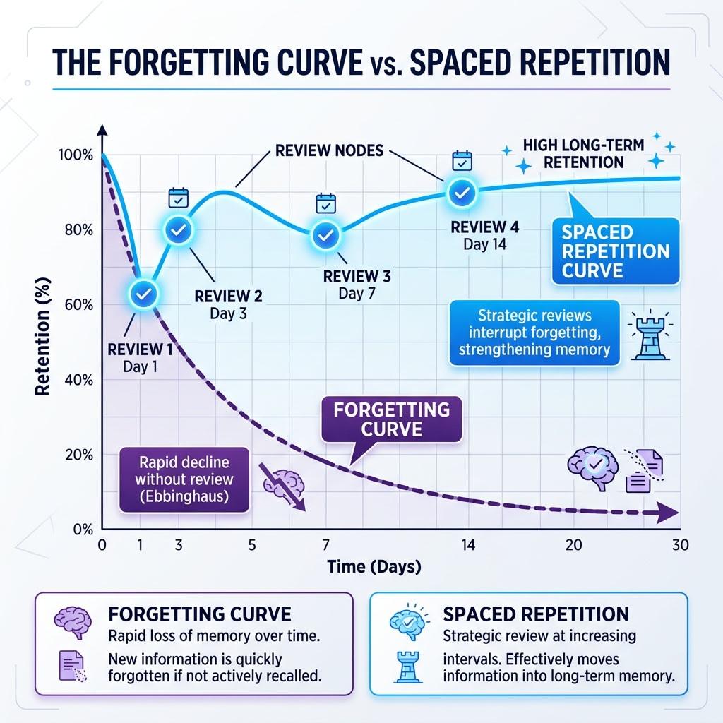 Infographic showing the forgetting curve vs spaced repetition