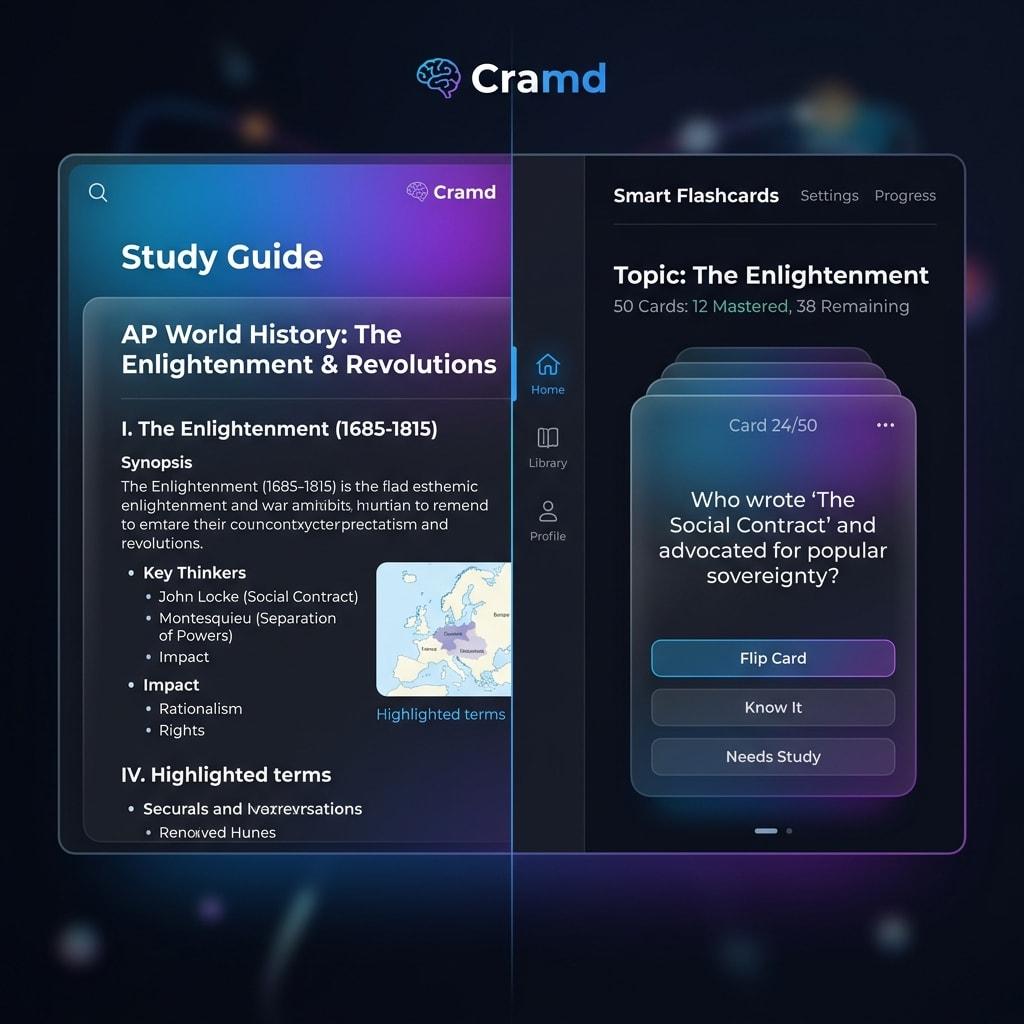 Cramd study interface showing study guide and flashcards side by side
