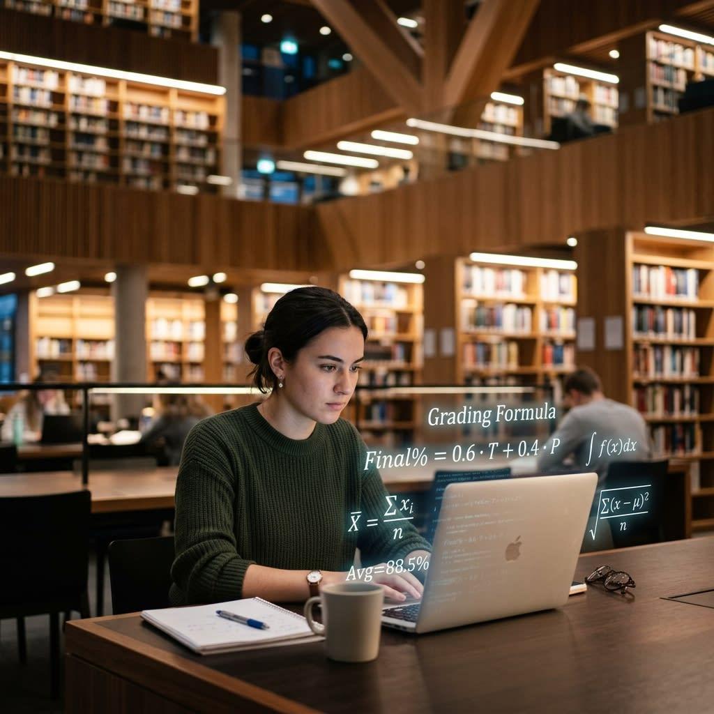Student focused on a laptop with mathematical grading formulas overlaid