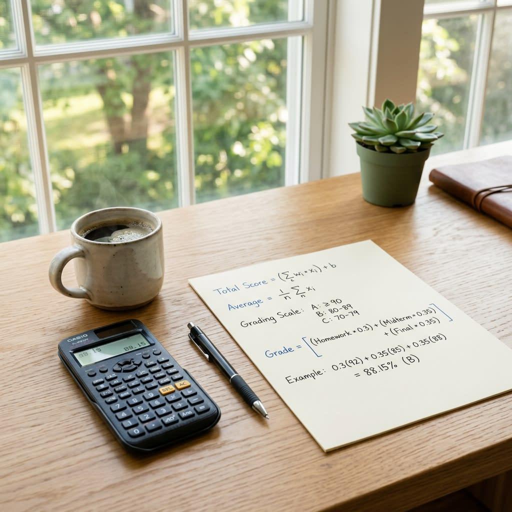 A clean wooden desk with a scientific calculator and handwritten math notes in natural light