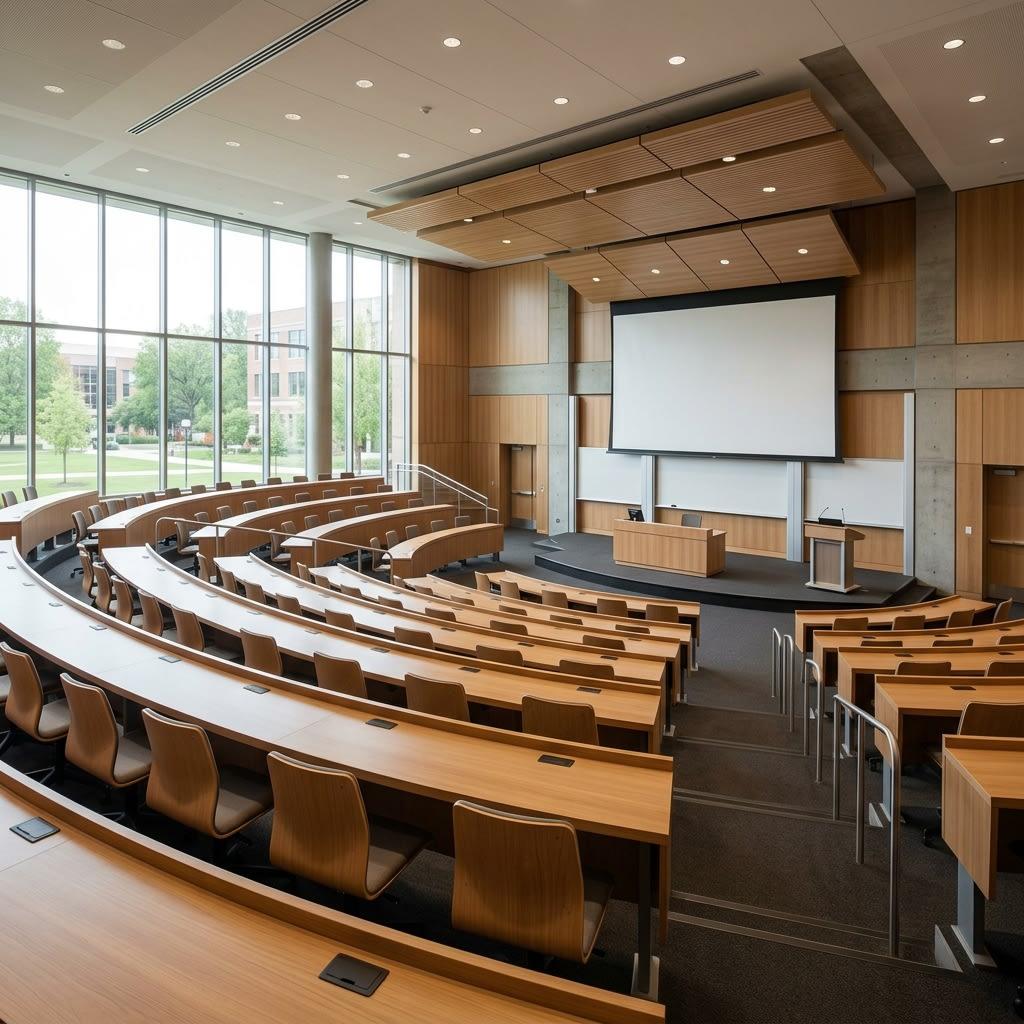 A modern, bright university lecture hall with rows of wooden desks in soft sunlight