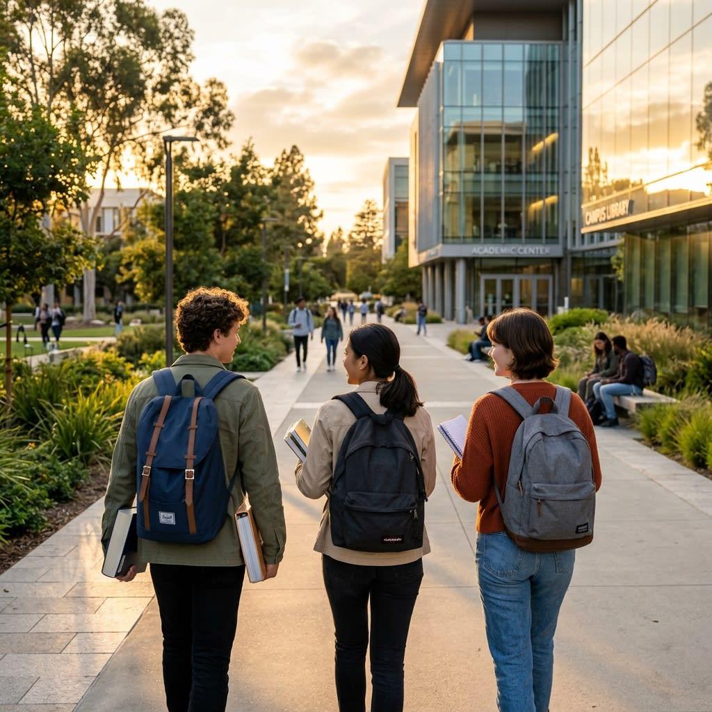University students walking on a bright, airy modern campus at golden hour