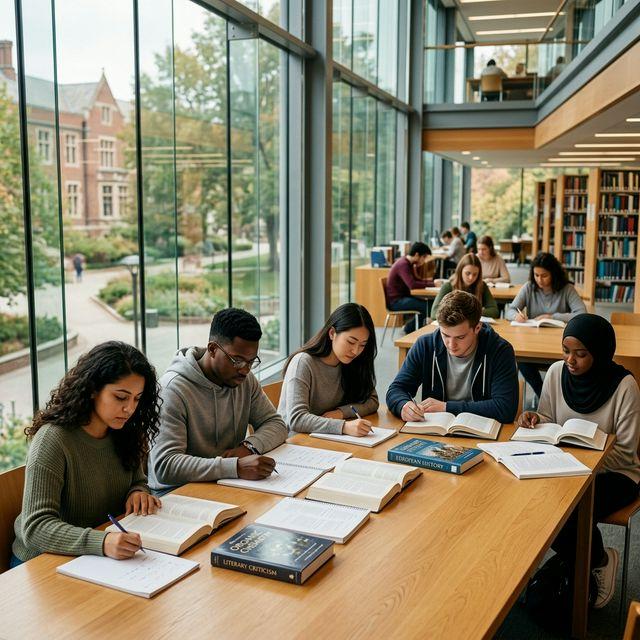Cozy university library environment with textbooks and a laptop, perfect for mastering complex material with AI-driven summaries.