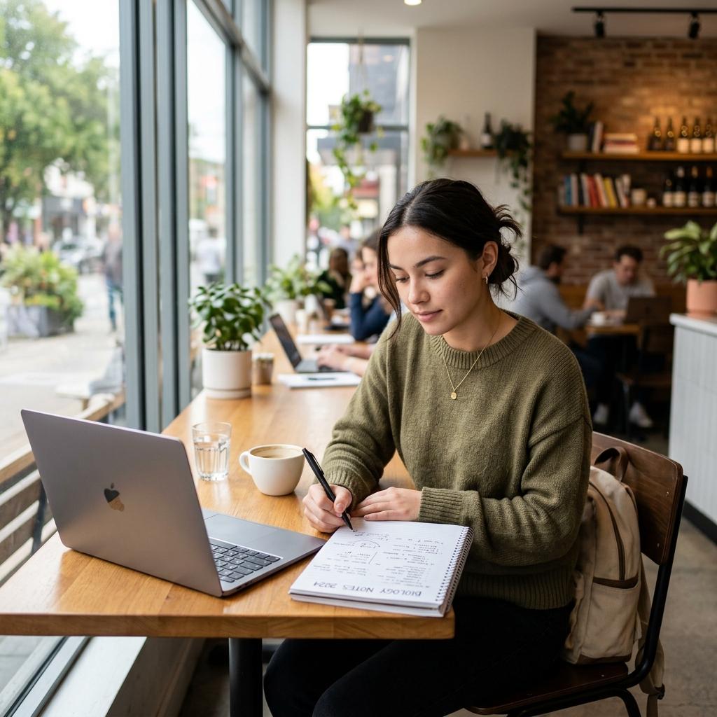 focused student building effective study habits in a modern cafe