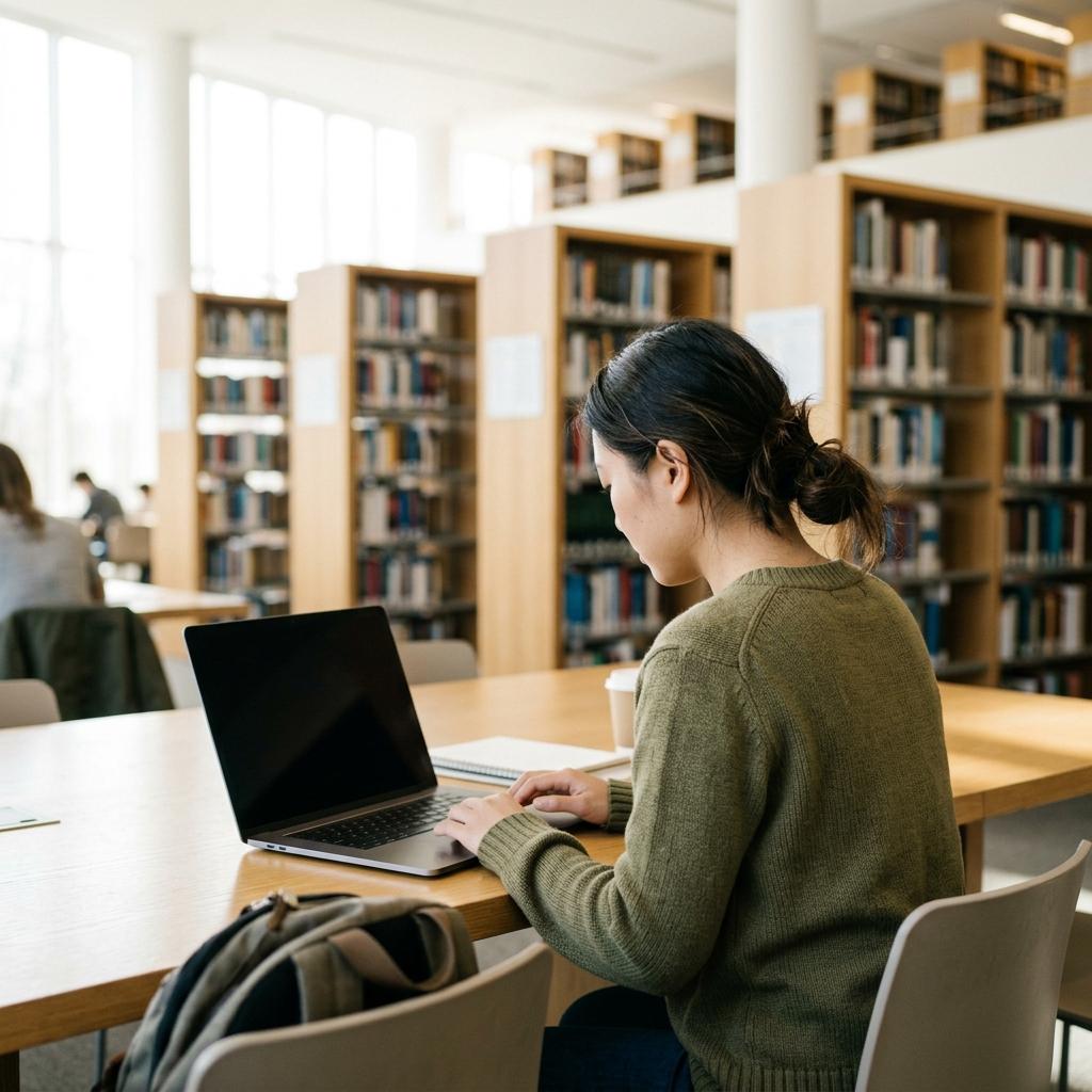 Focused university student using a sleek laptop in a modern, sunlit library for AI essay grading.