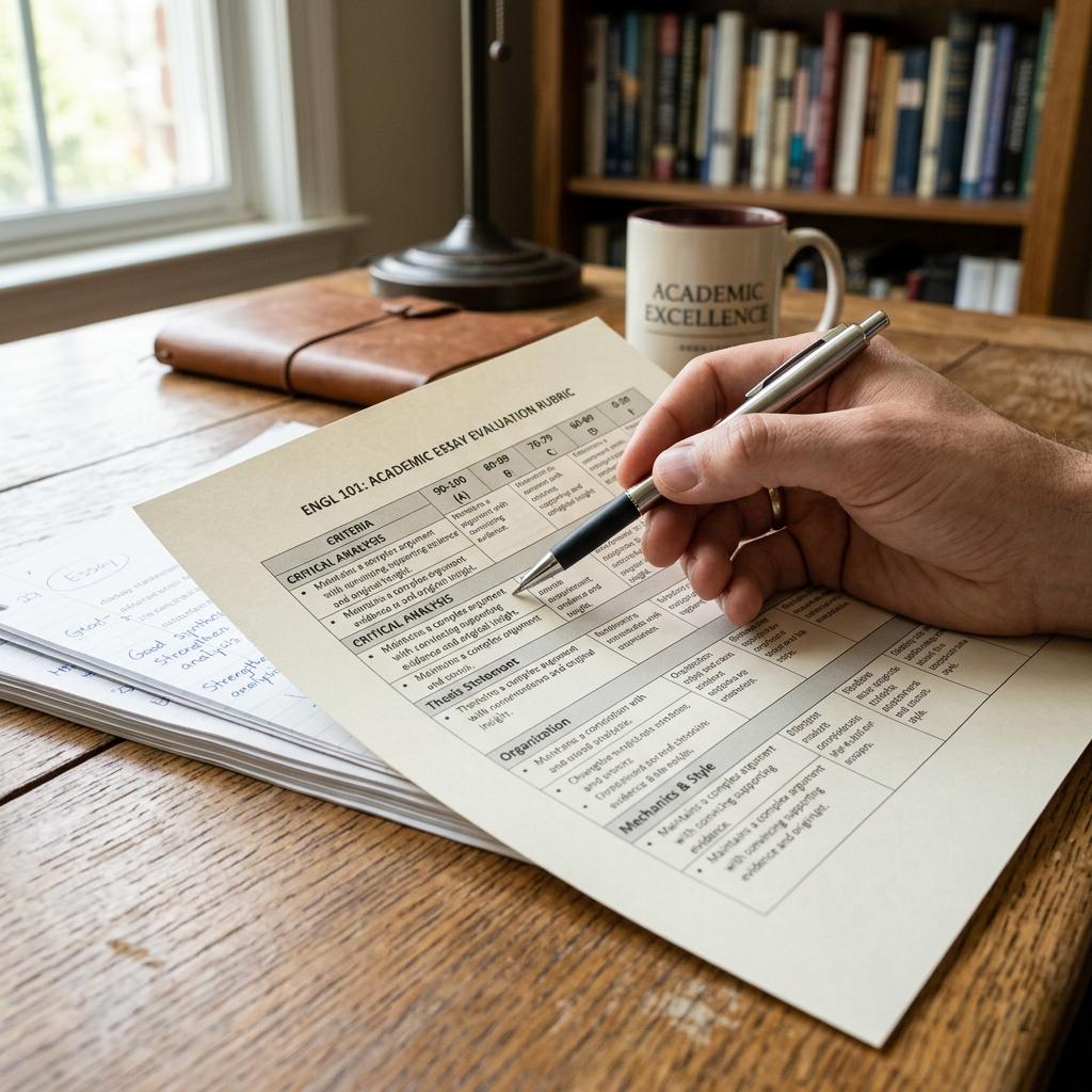 Close-up of a hand with a pen pointing at a detailed grading rubric printed on high-quality paper.