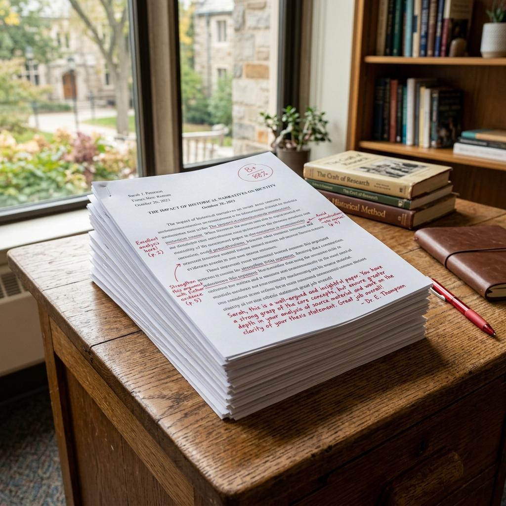 Stack of neatly organized student essays with professional red ink marks and detailed handwritten feedback.