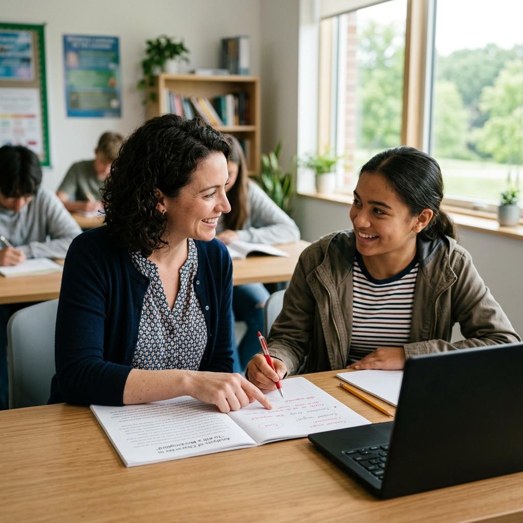 English teacher smiling and collaborating with a student one-on-one in a bright, modern classroom.