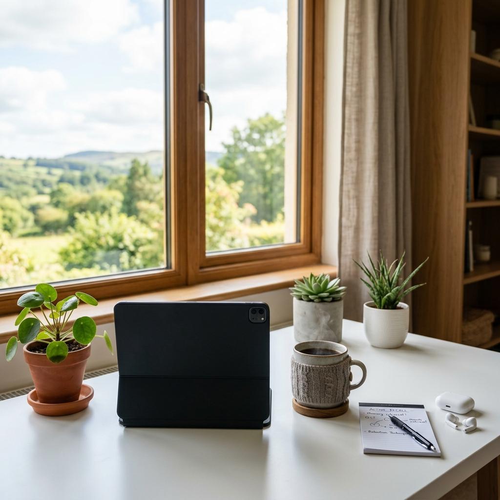 Minimalist digital study environment with a tablet, desk plants, and a hot cup of coffee on a clean white desk.