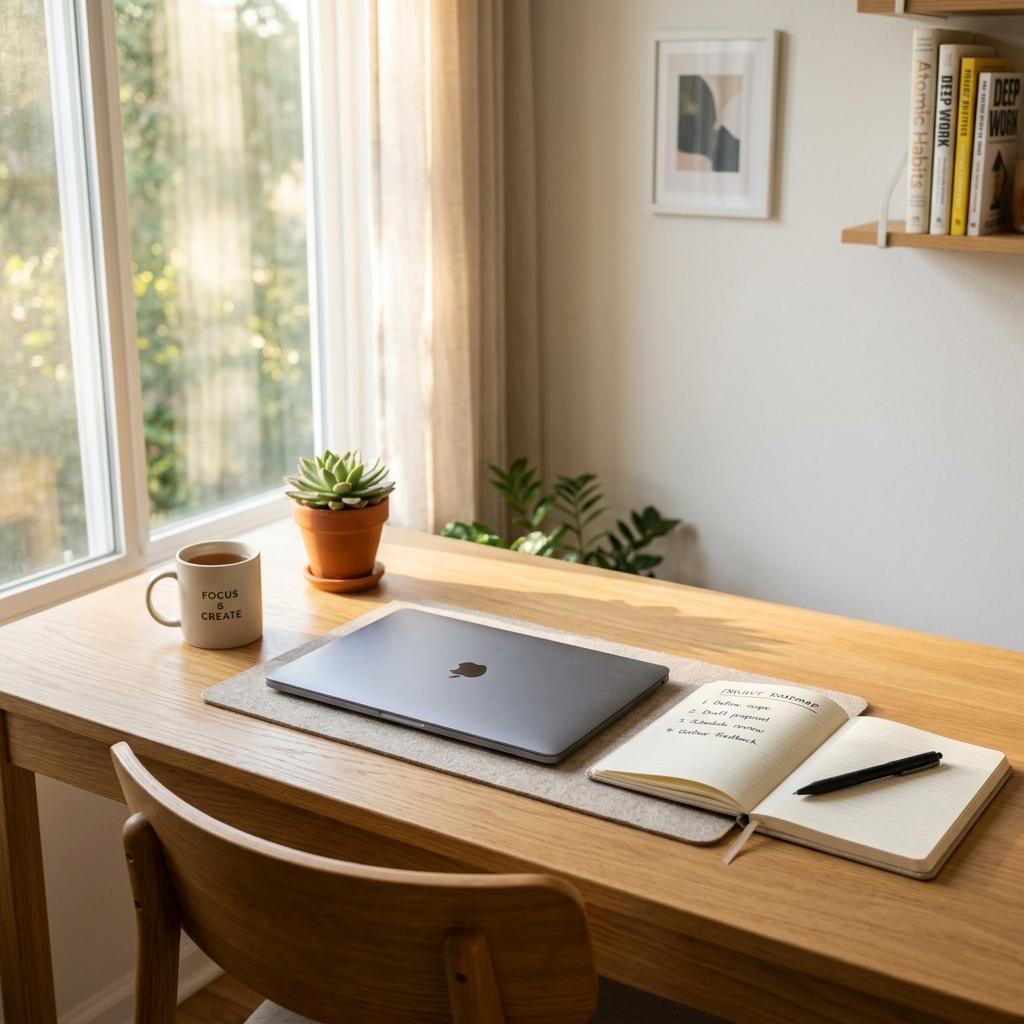 Minimalist sunlit study space with a notebook and a closed laptop representing focused productivity.