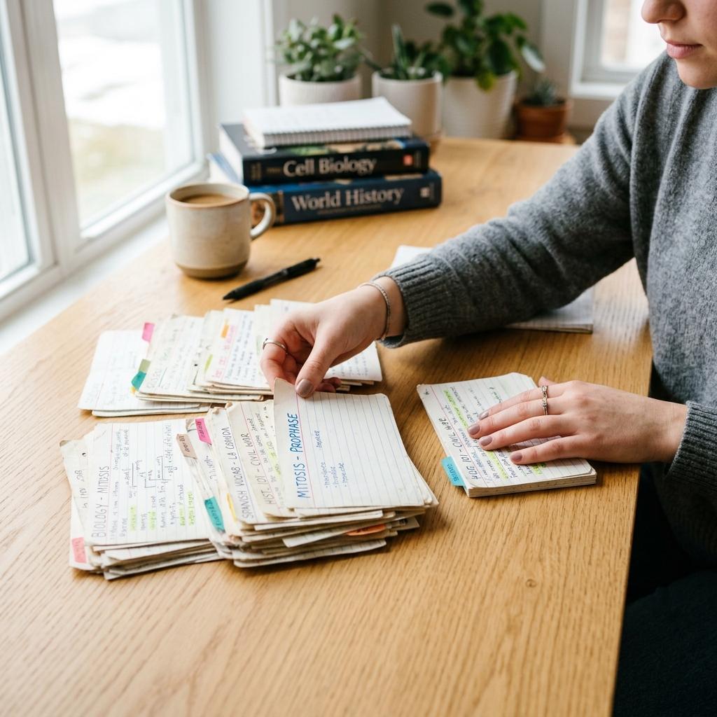 Hands organizing a set of flashcards on a wooden desk showing active recall in practice.