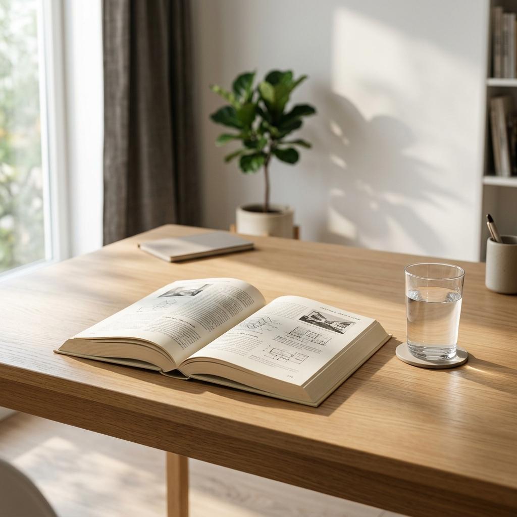 Modern minimalist desk with an open textbook representing deep focus and active recall.