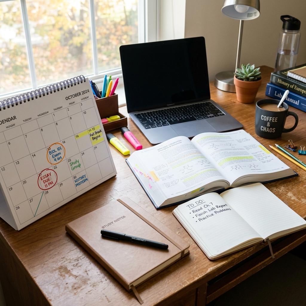 Organized student workspace with a physical calendar for the 2,3,5,7 revision method planning.