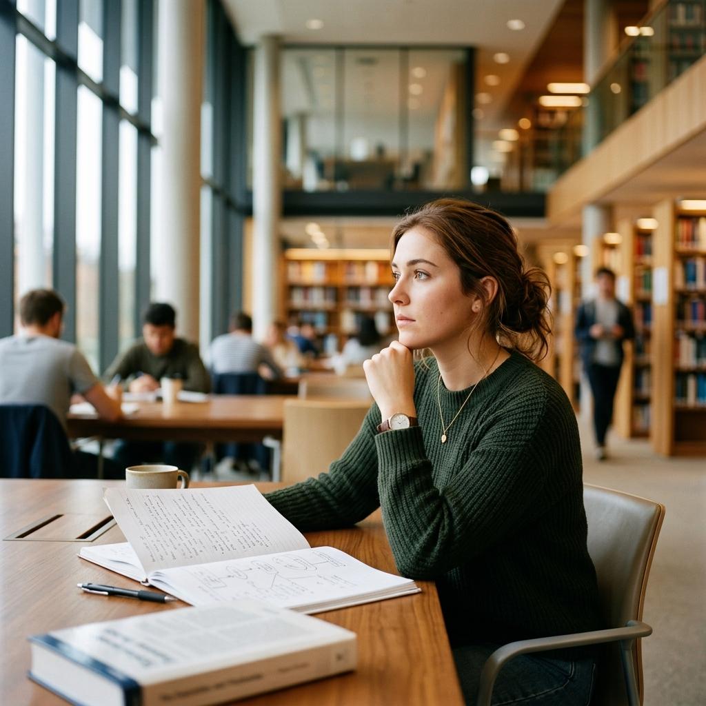 Focused student in a library practicing active recall for better long-term memory.