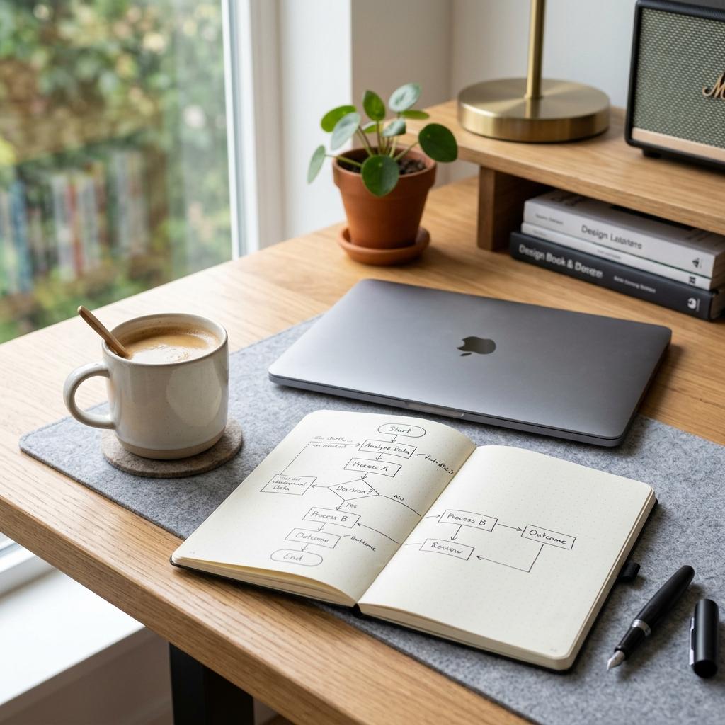 Minimalist desk setup with a flowchart in a notebook, perfect for complex study techniques.