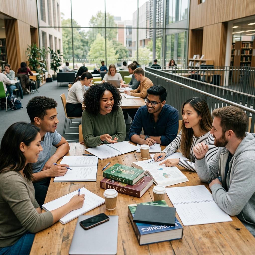 Group of students discussing study methods in a bright modern university setting.
