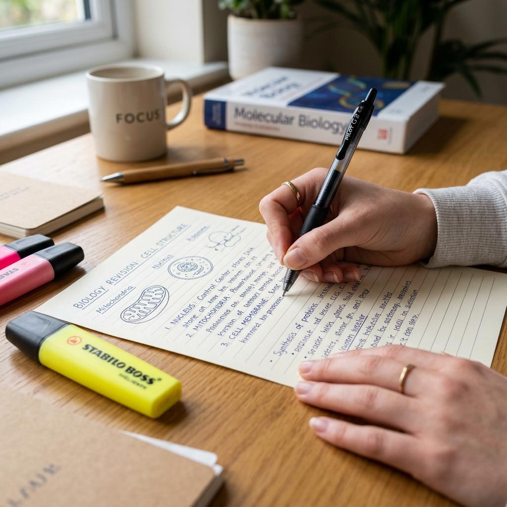 Close-up of a student writing detailed revision notes for spaced repetition study.