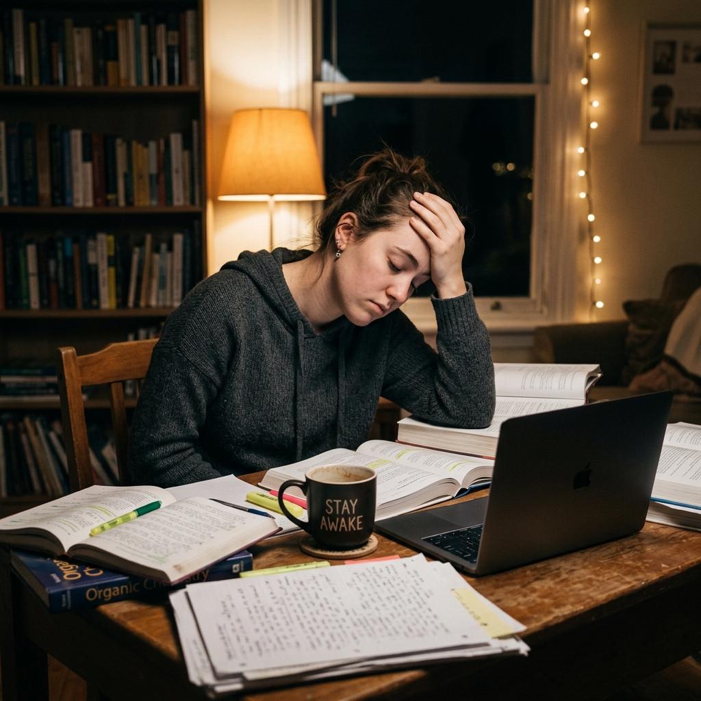Tired student studying late at night with a coffee mug and books, illustrating the struggle of all-nighters.