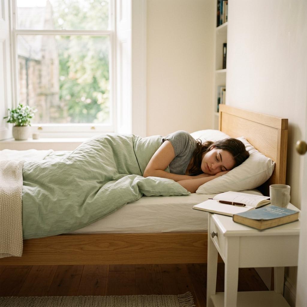 Student sleeping peacefully on a bed, representing memory consolidation occurring during deep sleep.