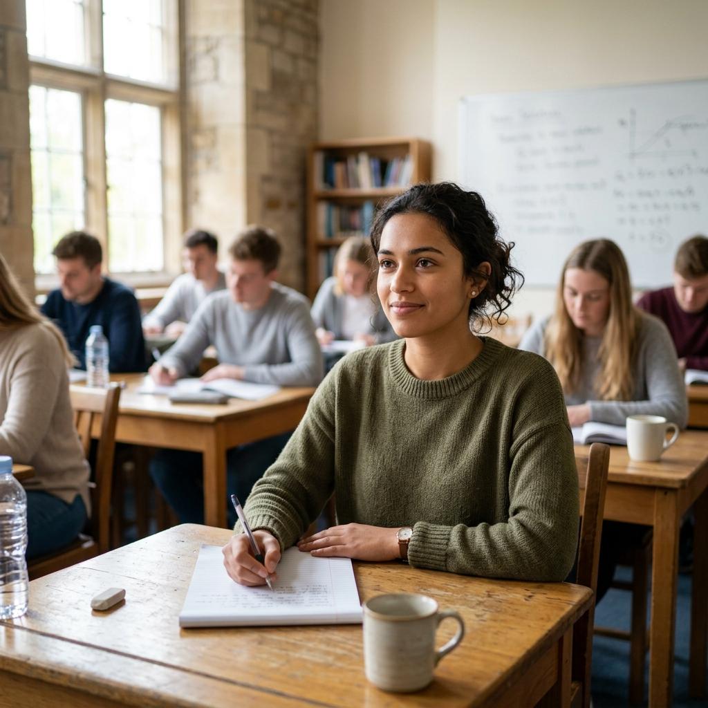 Confident and alert student sitting in an exam hall, ready to take a test after a good night's sleep.