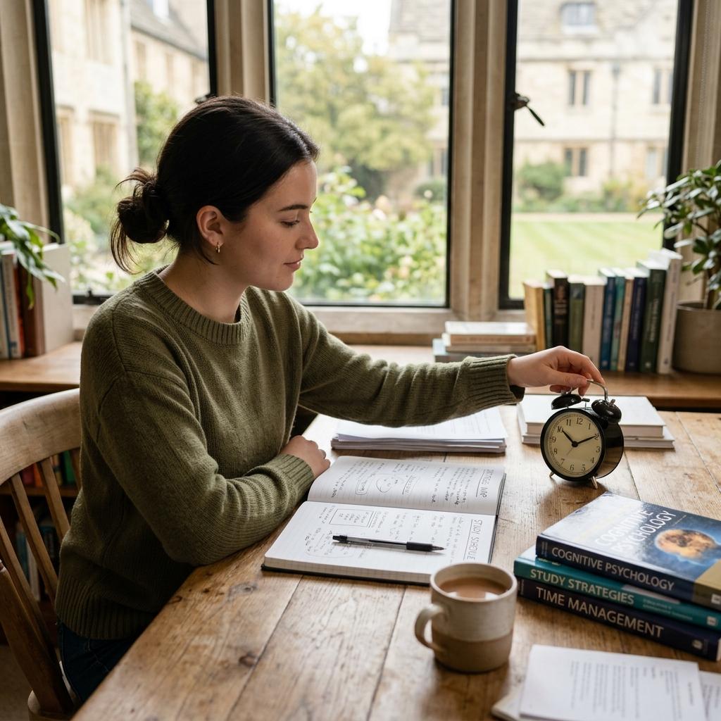 Student setting an alarm for a short nap, following the strategic nap approach for late-night studying.