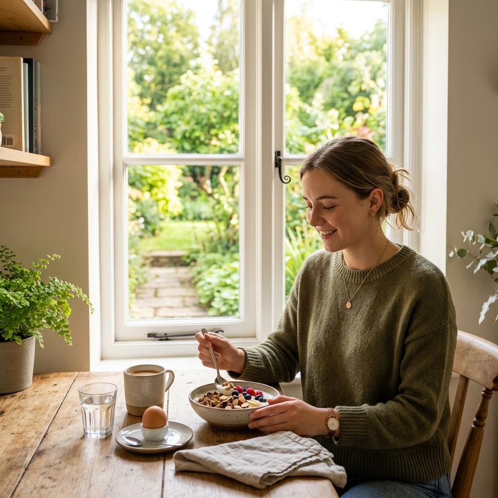 Healthy protein-rich breakfast and glass of water on a table in bright morning sunlight, for cognitive recovery.