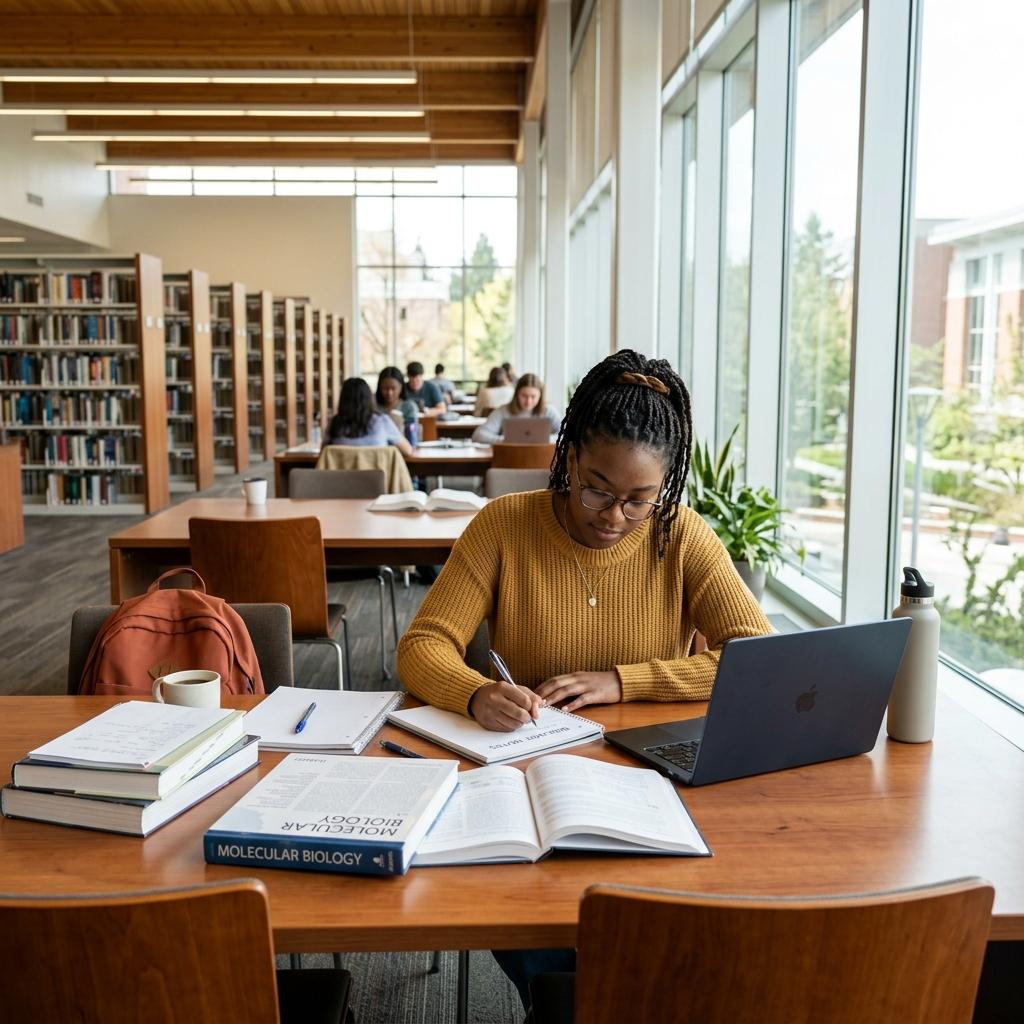 A focused college student studying effectively in a modern university library