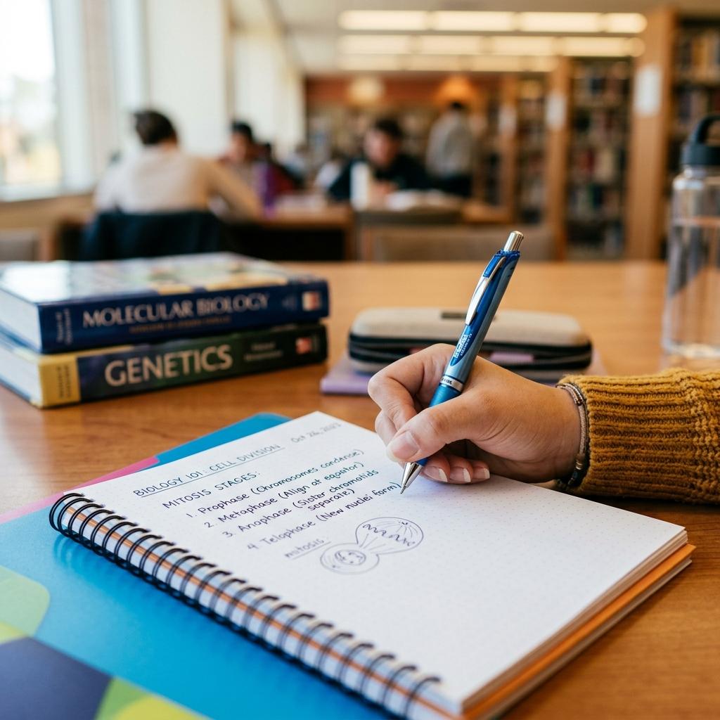 A student's hand writing testable notes using active recall techniques