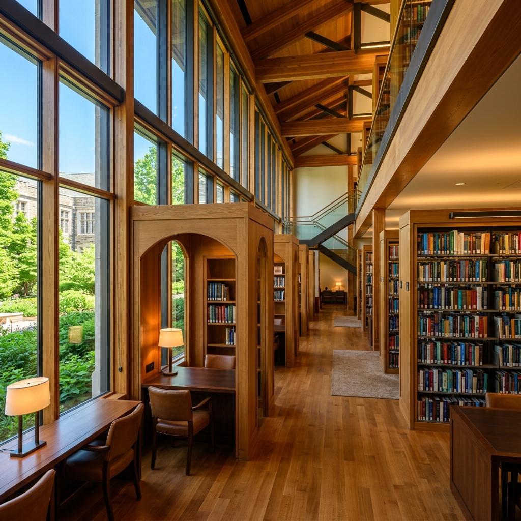 A serene and inviting university library interior for deep focus sessions
