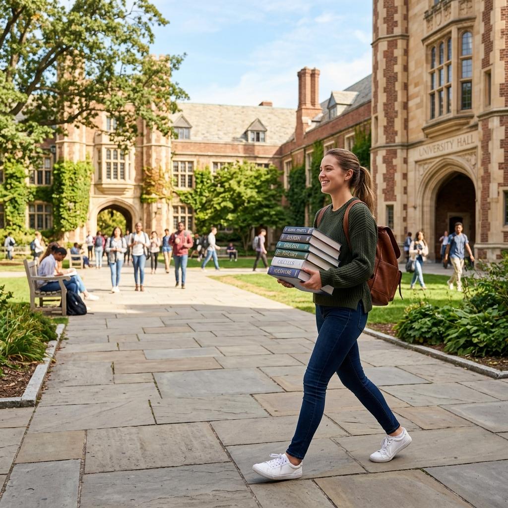 A confident student walking through a sunny university campus courtyard
