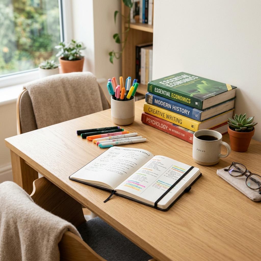 A clean, minimalist study desk with a planner and textbooks for finals prep