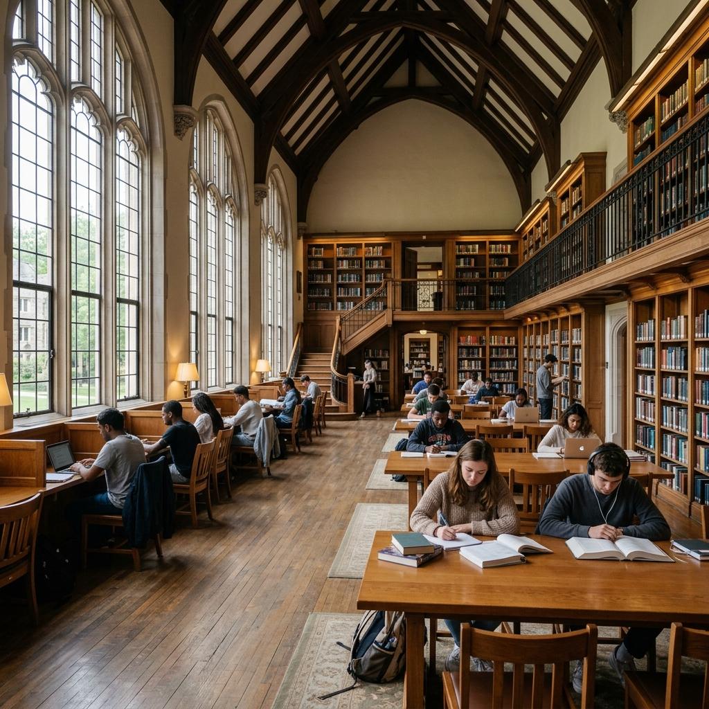 A serene university library interior, ideal for focused study sessions