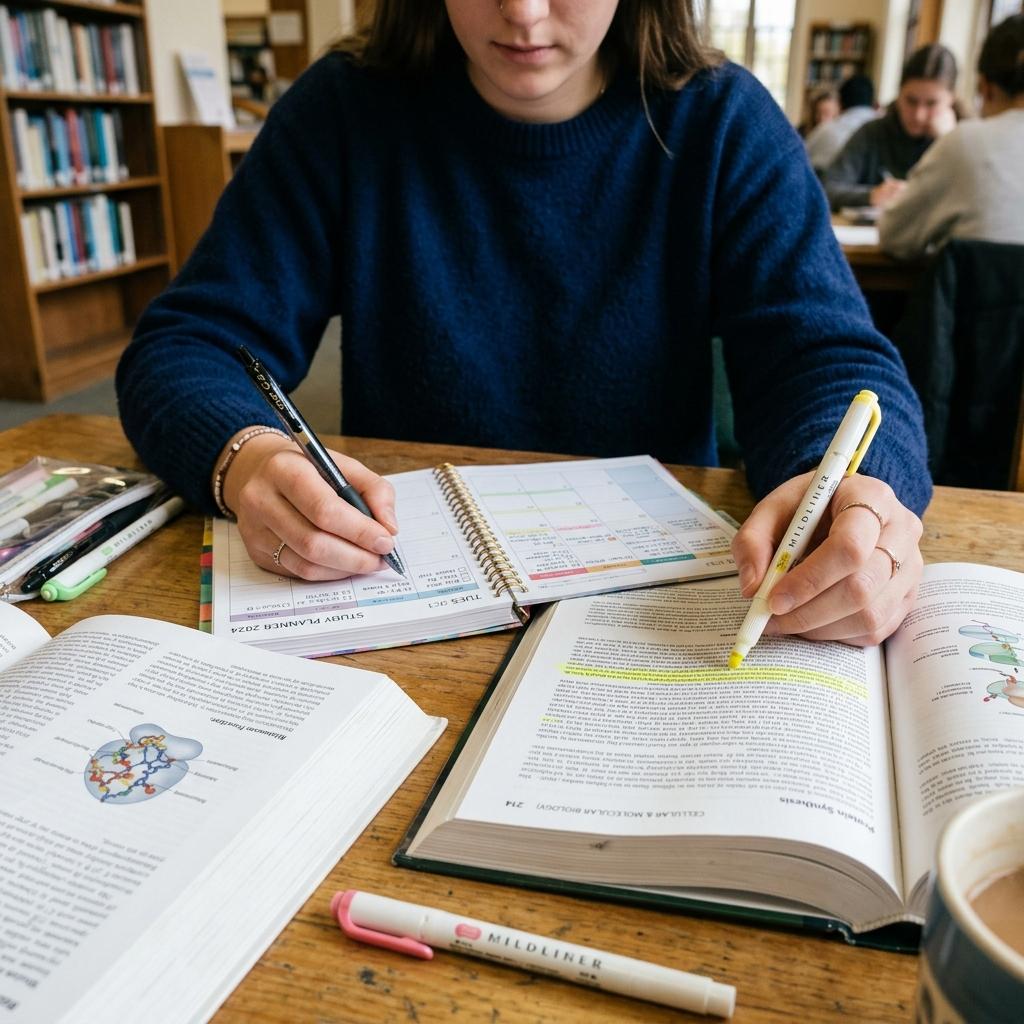 Student hands writing on a study planner and highlighting notes for active recall