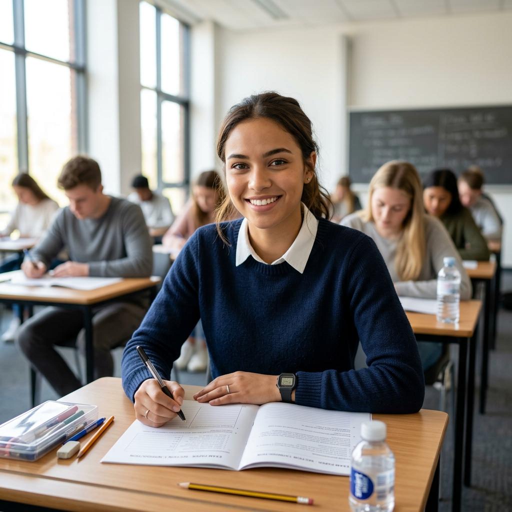 A confident and alert student ready for a finals exam