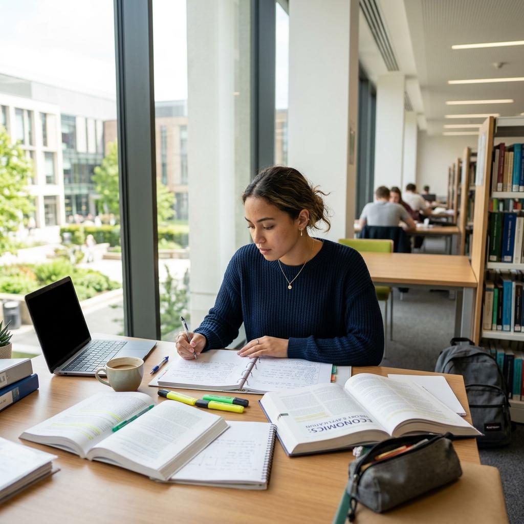 Student focused on finals schedule in a cozy study environment