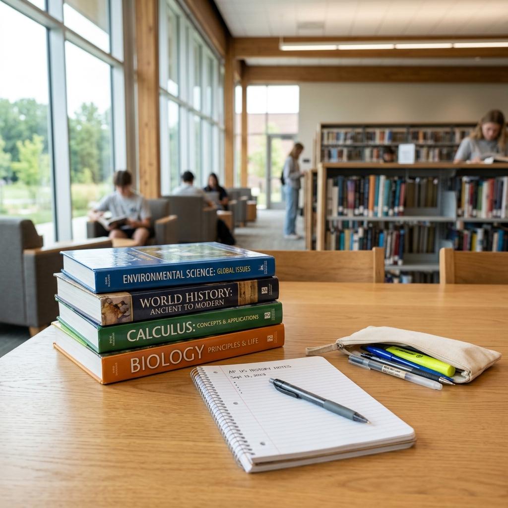 Stacked textbooks and notebook in a cozy school library environment, symbolizing thorough exam preparation.
