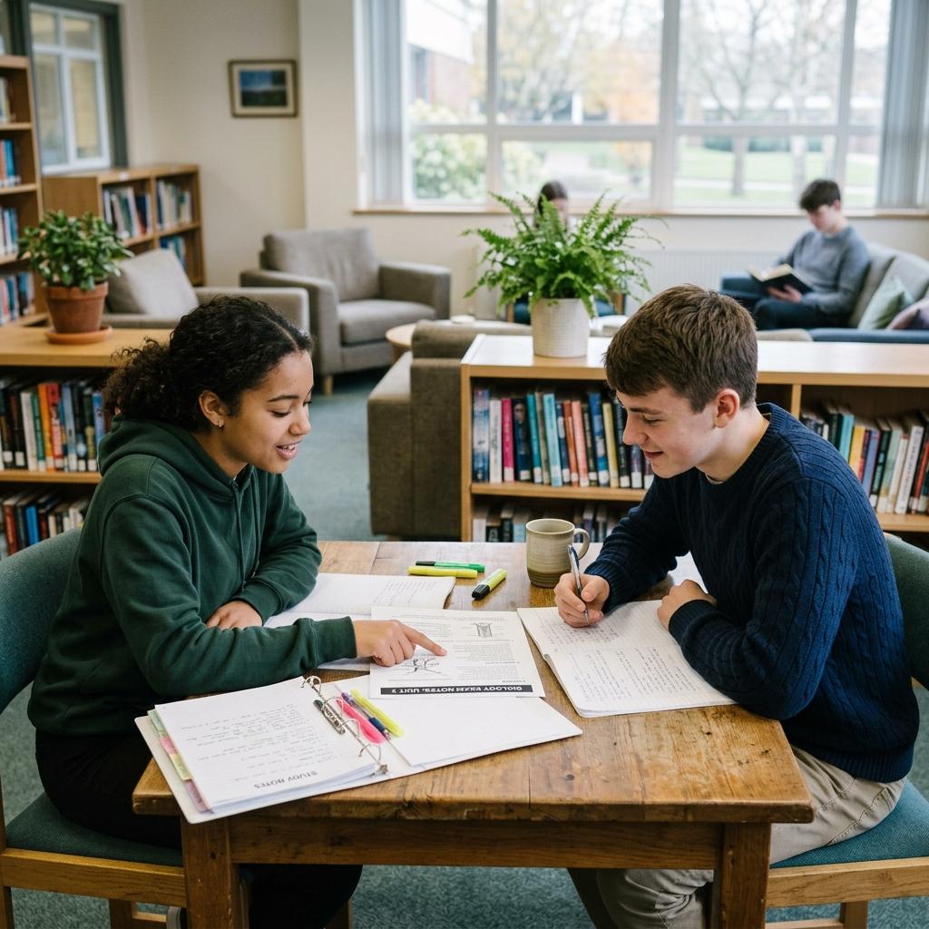An overhead view of high school students collaborating and studying notes together for upcoming finals.